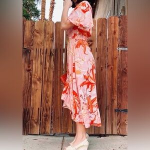 ABEL THE LABEL Pink & Orange Floral Deep V Flutter Sleeve Maxi Dress Size XS